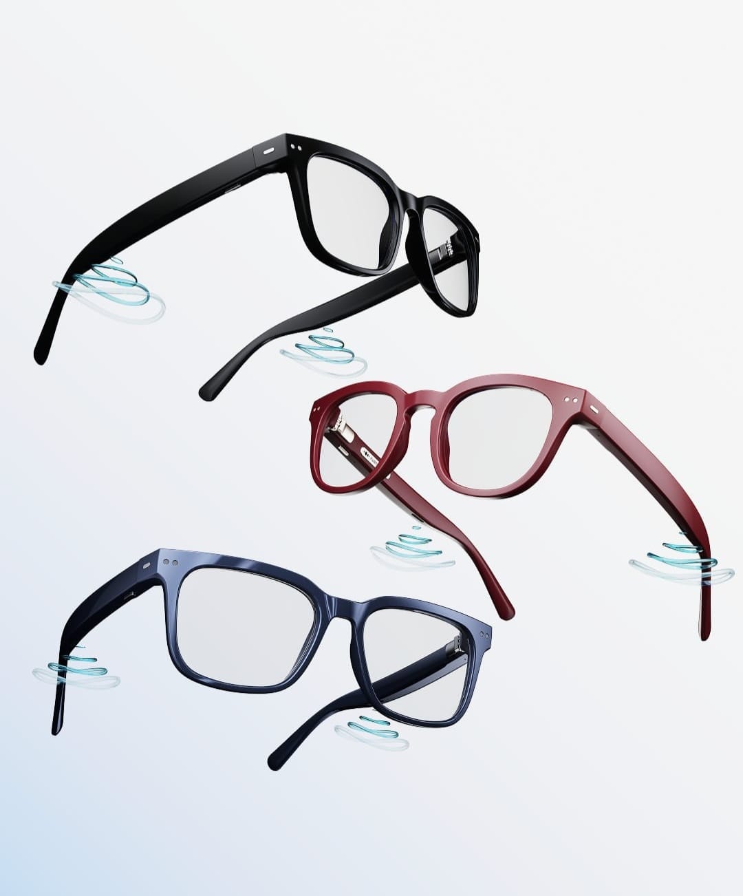 Gafas auditivas disponibles en distintos colores: negro, granate y azul